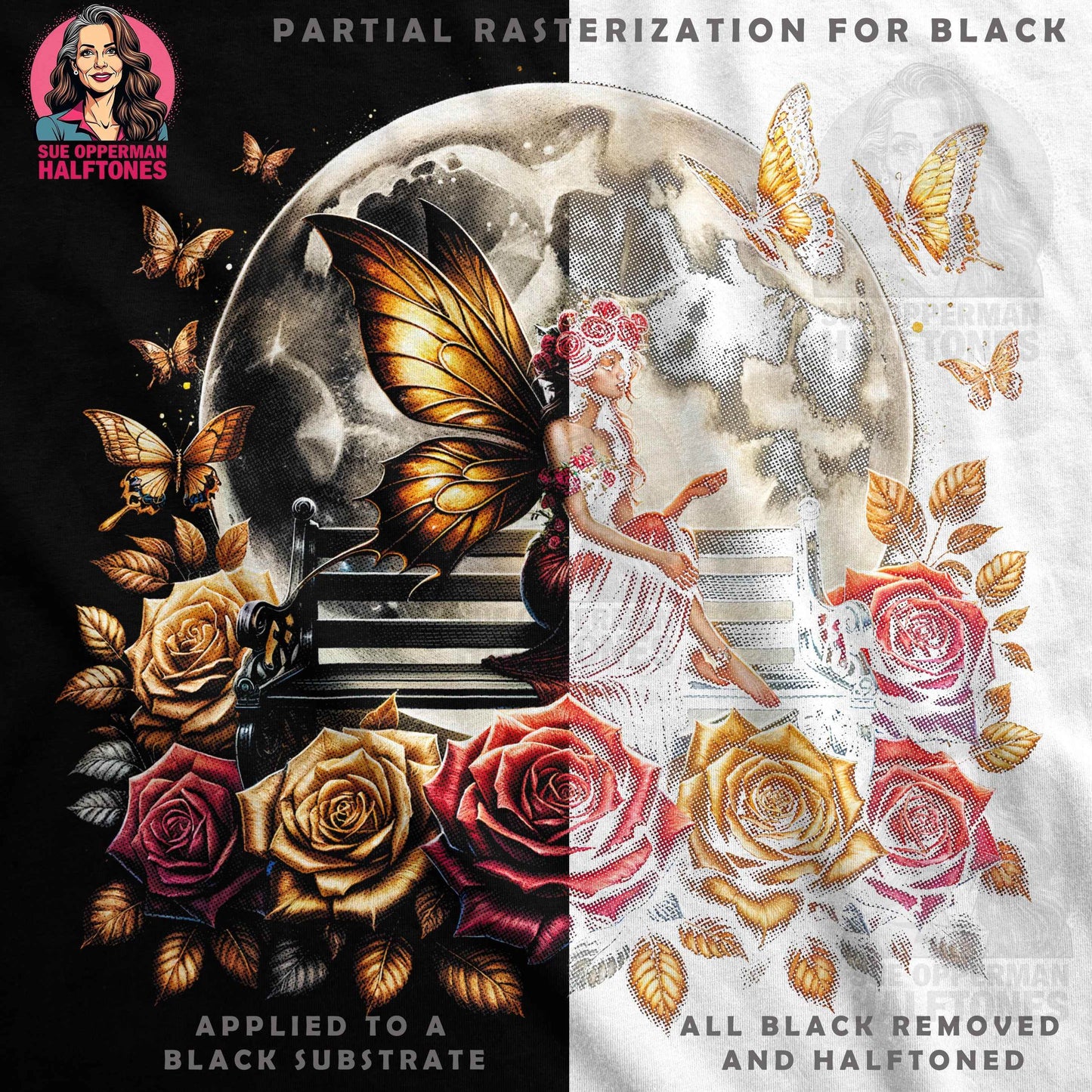 Fantasy Fairy Roses Butterflies Halftoned T-Shirt Design - halftone PNG for T-shirts – Sue Opperman Halftones
