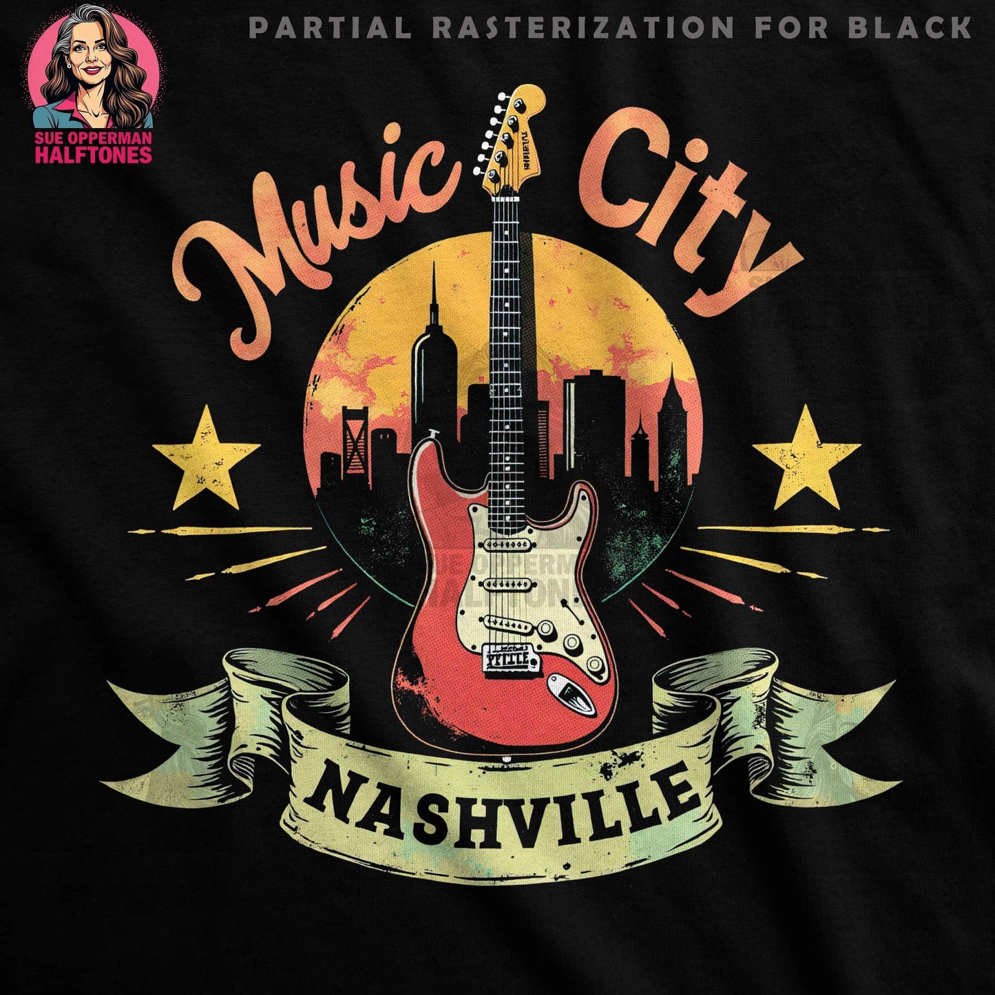 Music City Nashville Guitar Halftone T-Shirt Design - halftone PNG for T-shirts – Sue Opperman Halftones