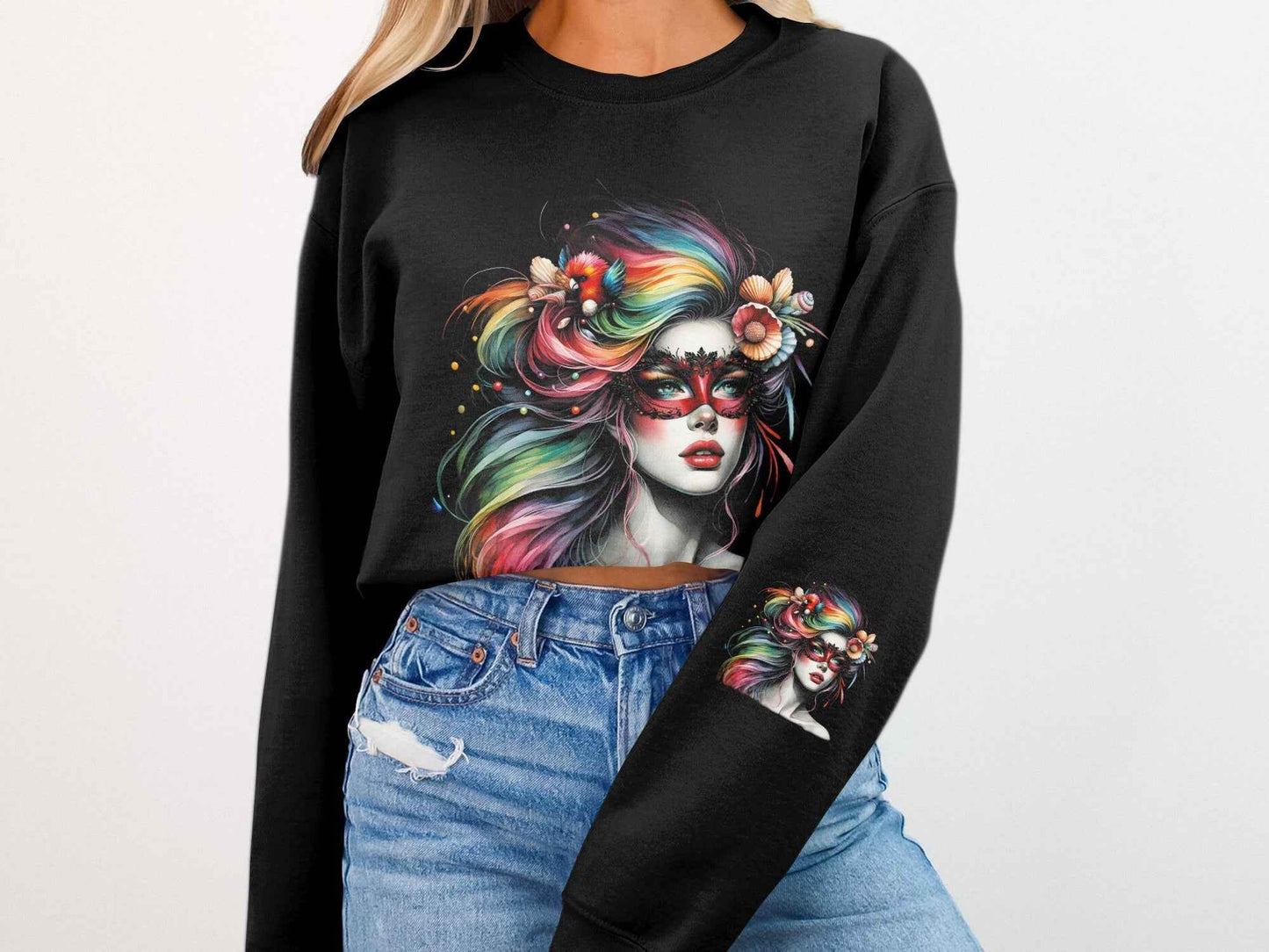 Glamour Portrait with Mask and Rainbow Hair Halftoned T-Shirt Design - halftone PNG for T-shirts – Sue Opperman Halftones