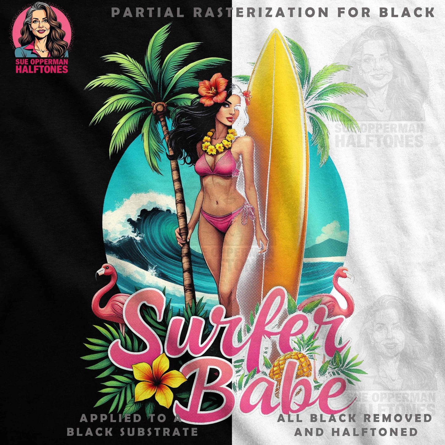Surfer Babe Halftone T-Shirt Design - halftone PNG for T-shirts – Sue Opperman Halftones