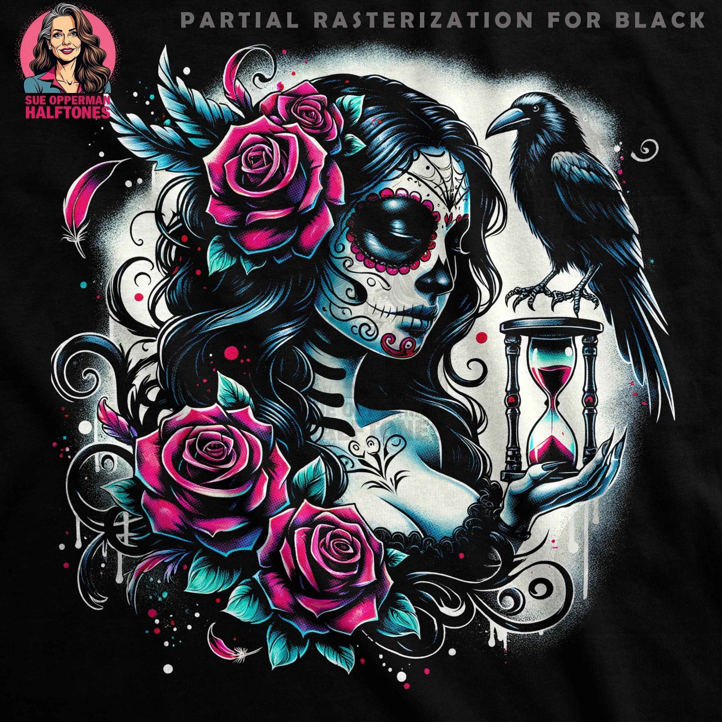 Sugar Skull Rose Raven Halftone T-Shirt Design Digital - halftone PNG for T-shirts – Sue Opperman Halftones