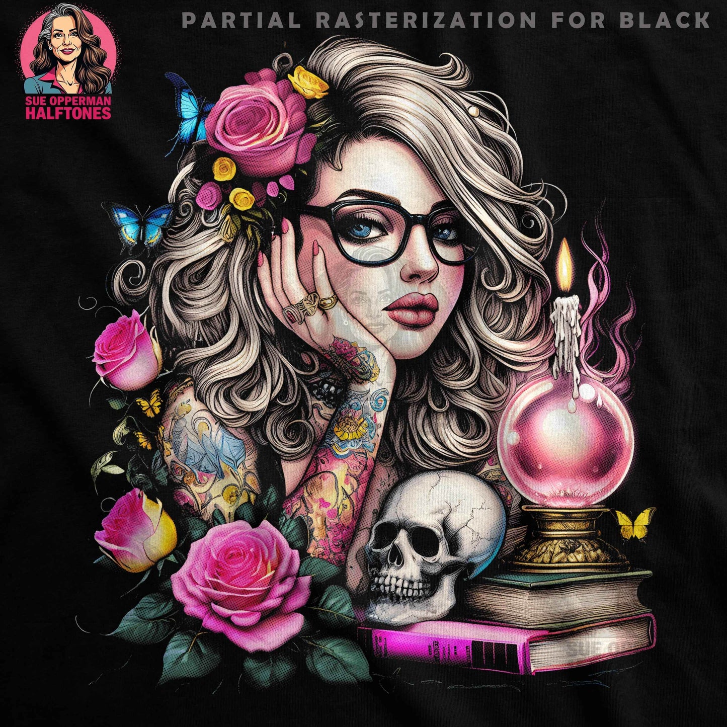 Glamour Roses Butterfly Skull Halftone T-Shirt Design - halftone PNG for T-shirts – Sue Opperman Halftones
