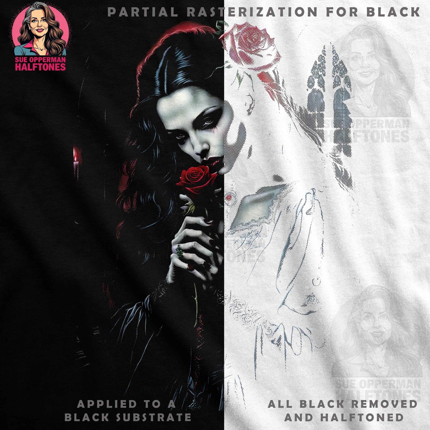 Gothic Lady with Rose Floral Halftone T-Shirt Design - halftone PNG for T-shirts – Sue Opperman Halftones