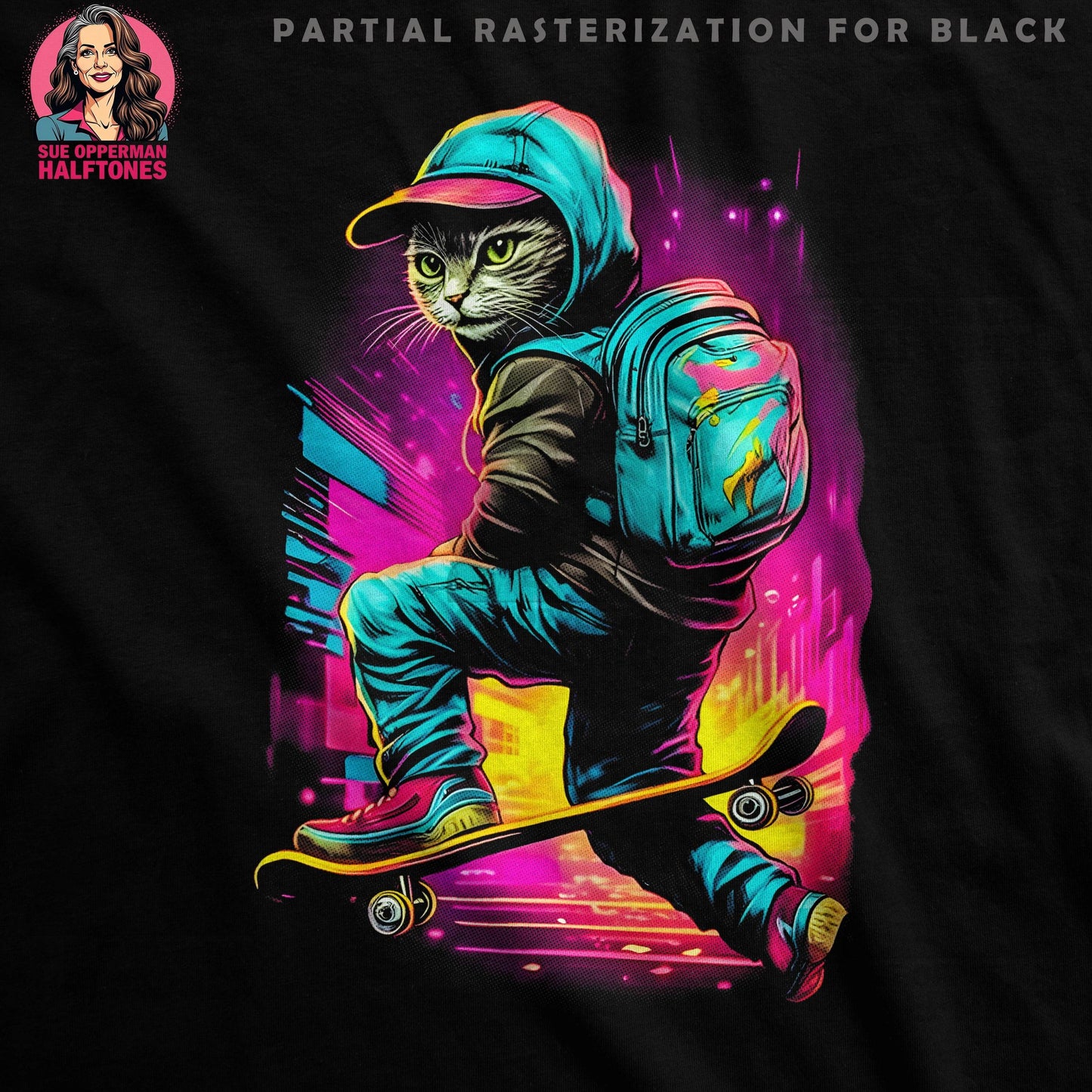 Skateboard Cat Funny Halftone T-Shirt Design - halftone PNG for T-shirts β Sue Opperman Halftones