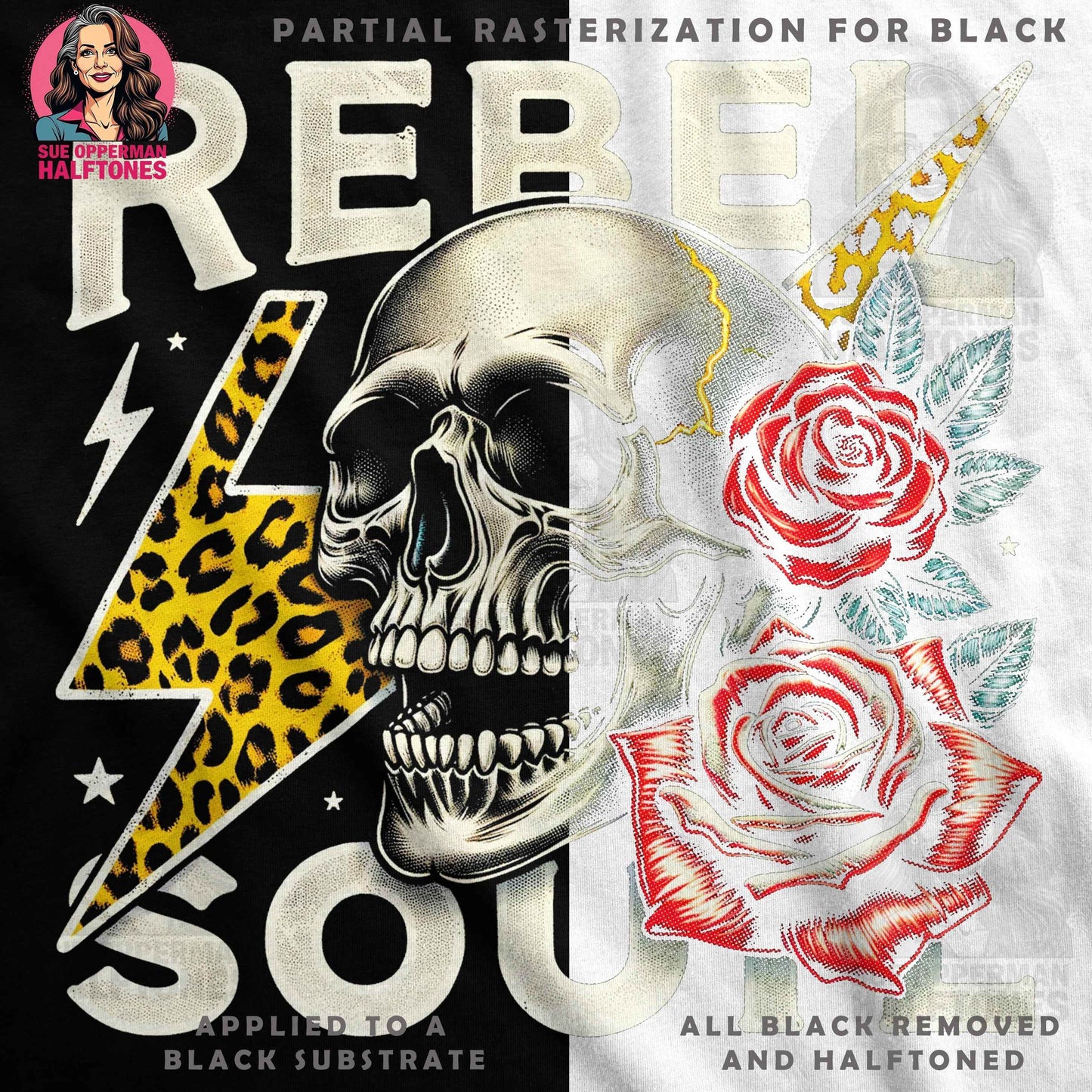 Rebel Soul Skull Roses Lightning Digital Halftone T-Shirt Design - halftone PNG for T-shirts – Sue Opperman Halftones