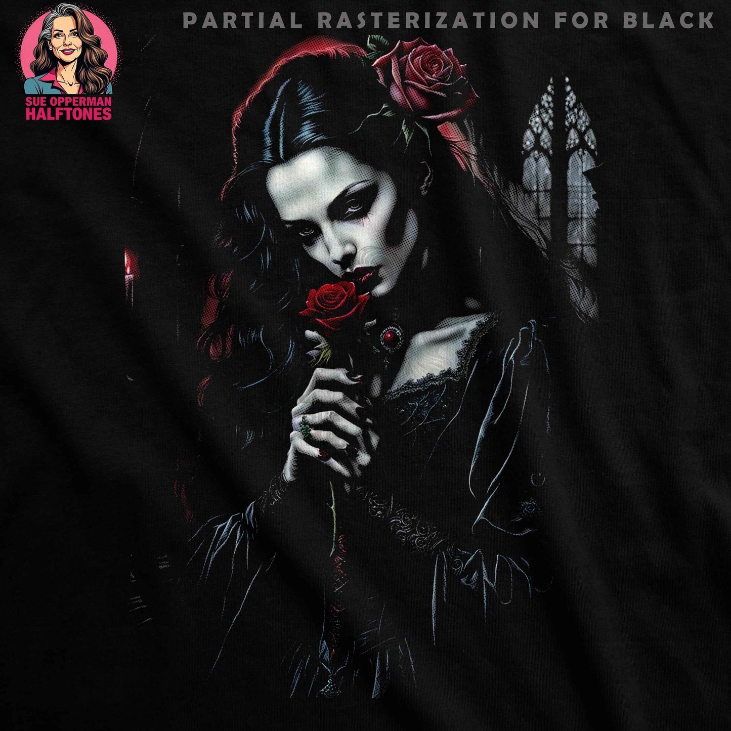 Gothic Lady with Rose Floral Halftone T-Shirt Design - halftone PNG for T-shirts – Sue Opperman Halftones