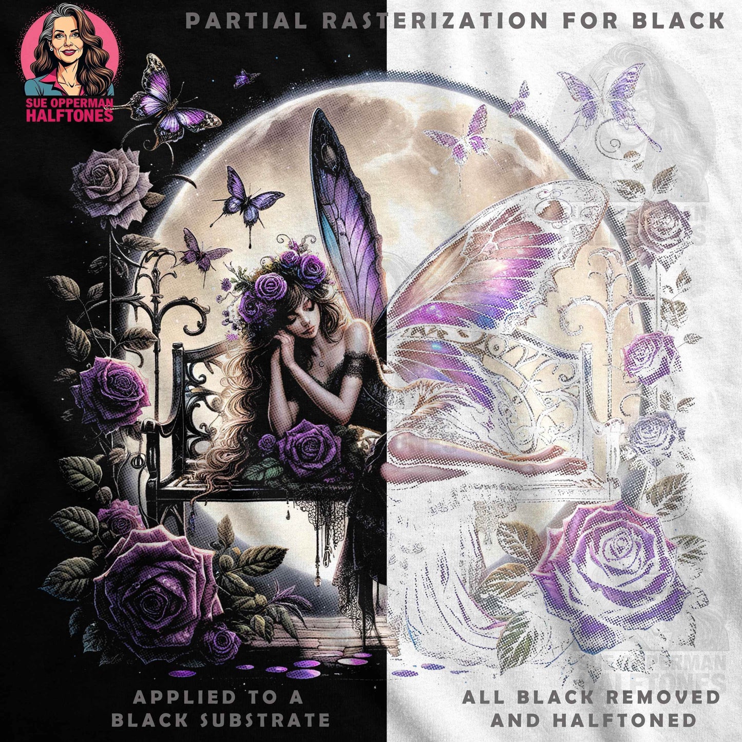 Fantasy Fairy Roses Moonlight Scene Halftoned T-Shirt Design - halftone PNG for T-shirts – Sue Opperman Halftones