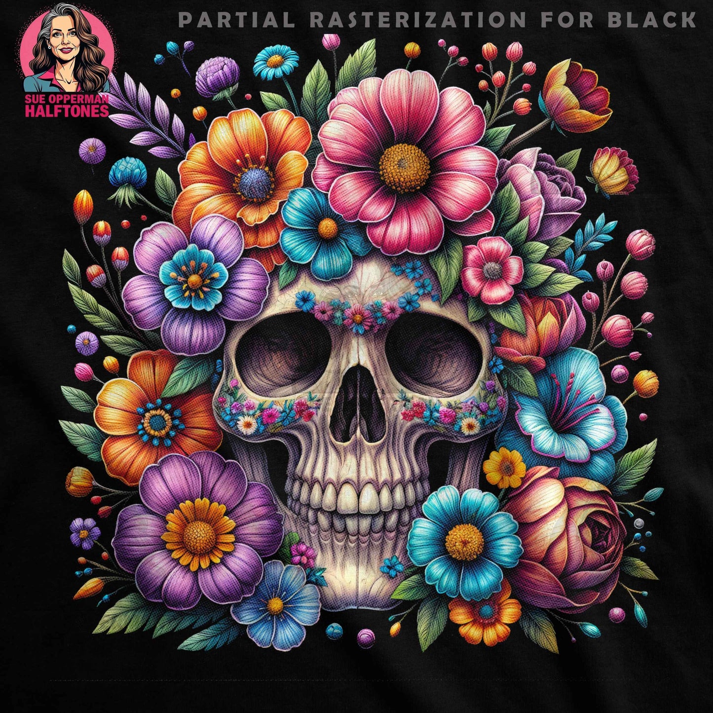 Floral Sugar Skull Halftone T-Shirt Design Digital - halftone PNG for T-shirts – Sue Opperman Halftones
