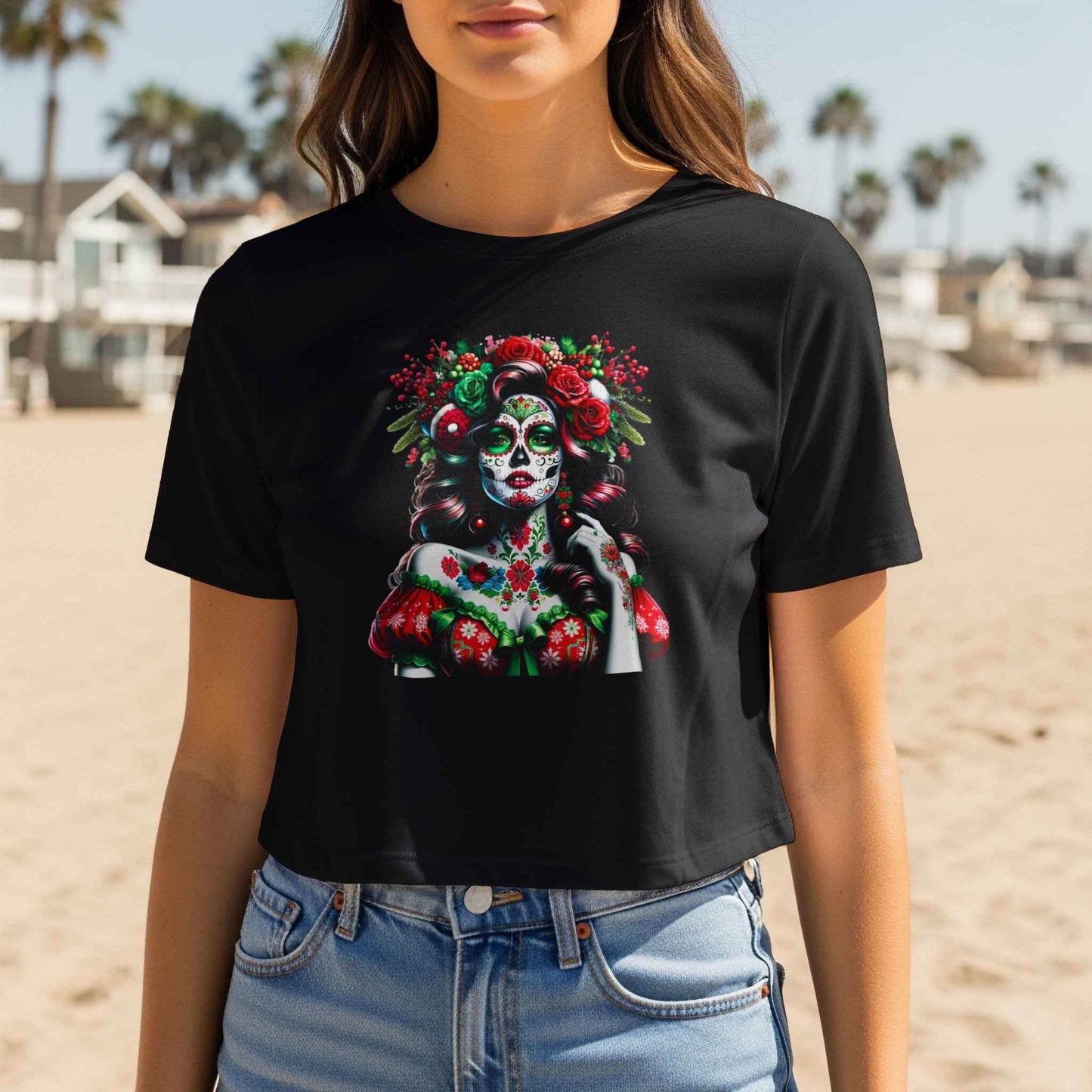 Christmas Sugar Skull Lady Halftoned T-Shirt Design - halftone PNG for T-shirts – Sue Opperman Halftones