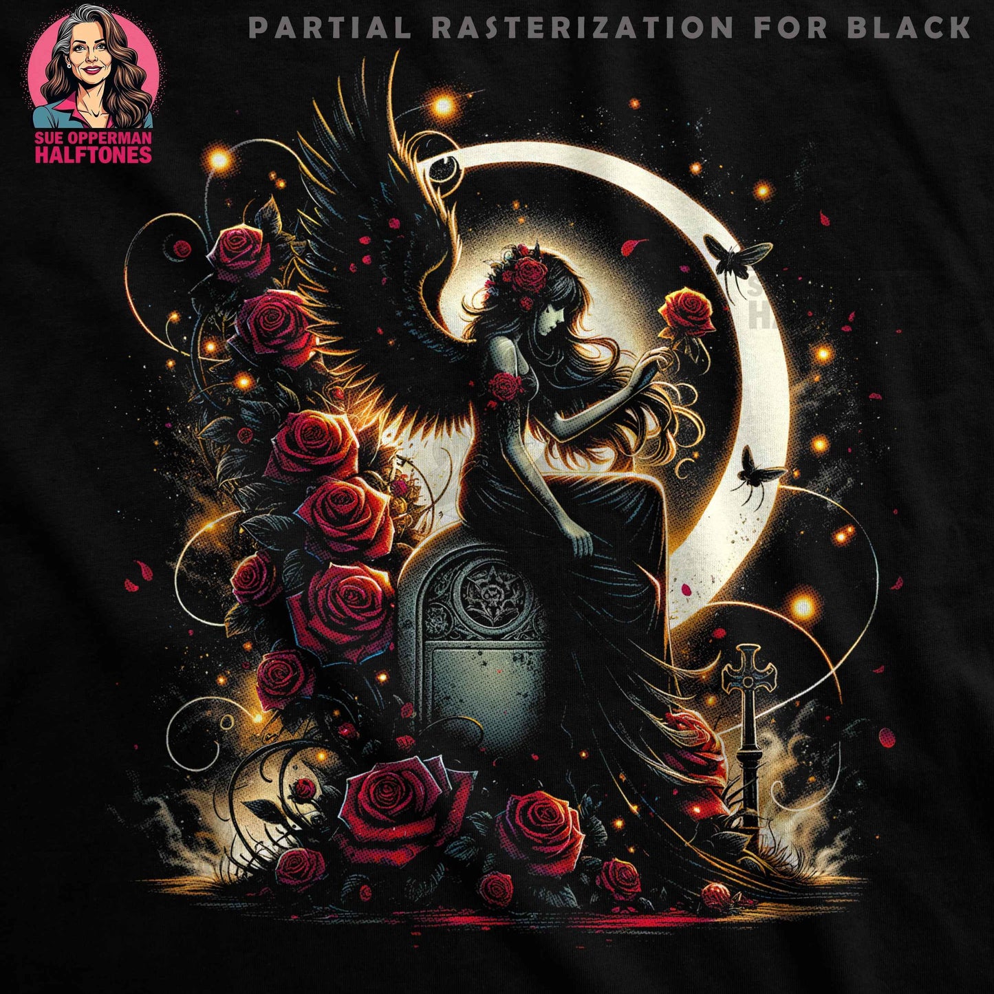 Gothic Angel and Roses Halftone T-Shirt Design - halftone PNG for T-shirts – Sue Opperman Halftones
