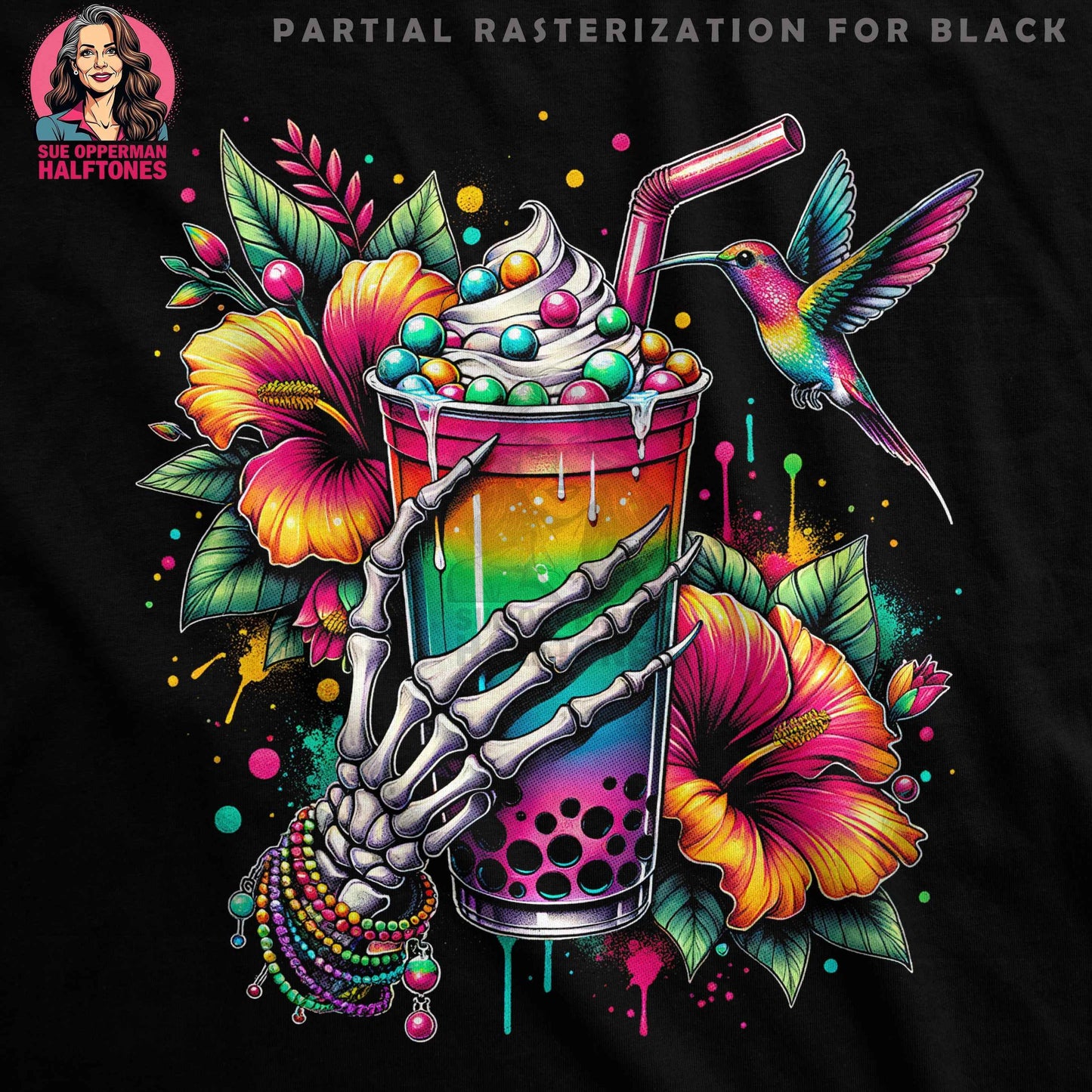 Whimsical Boba with Skeleton Hand Halftoned T-Shirt Design - halftone PNG for T-shirts – Sue Opperman Halftones