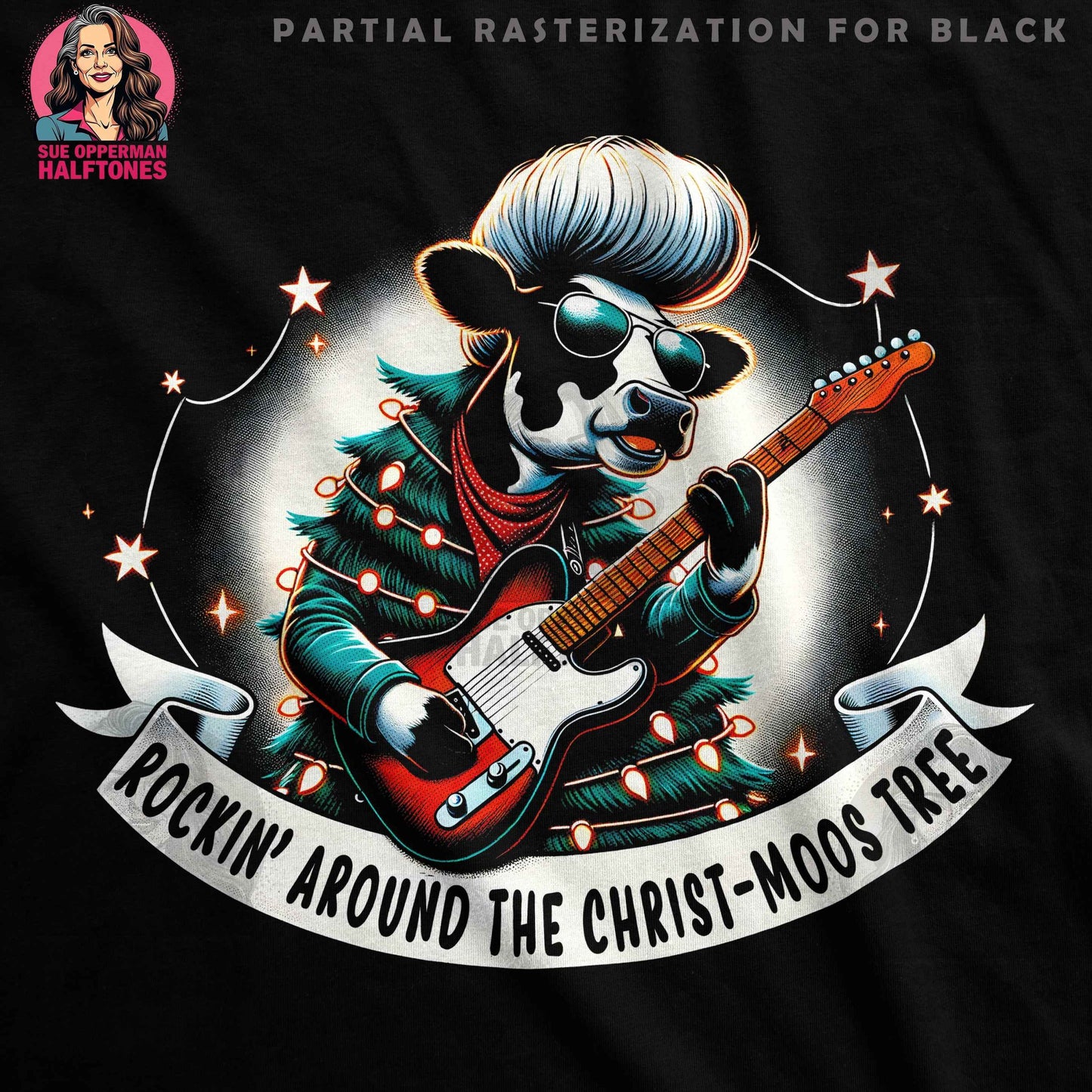 Christmas Cow Playing Guitar Halftone T-Shirt Design - halftone PNG for T-shirts – Sue Opperman Halftones