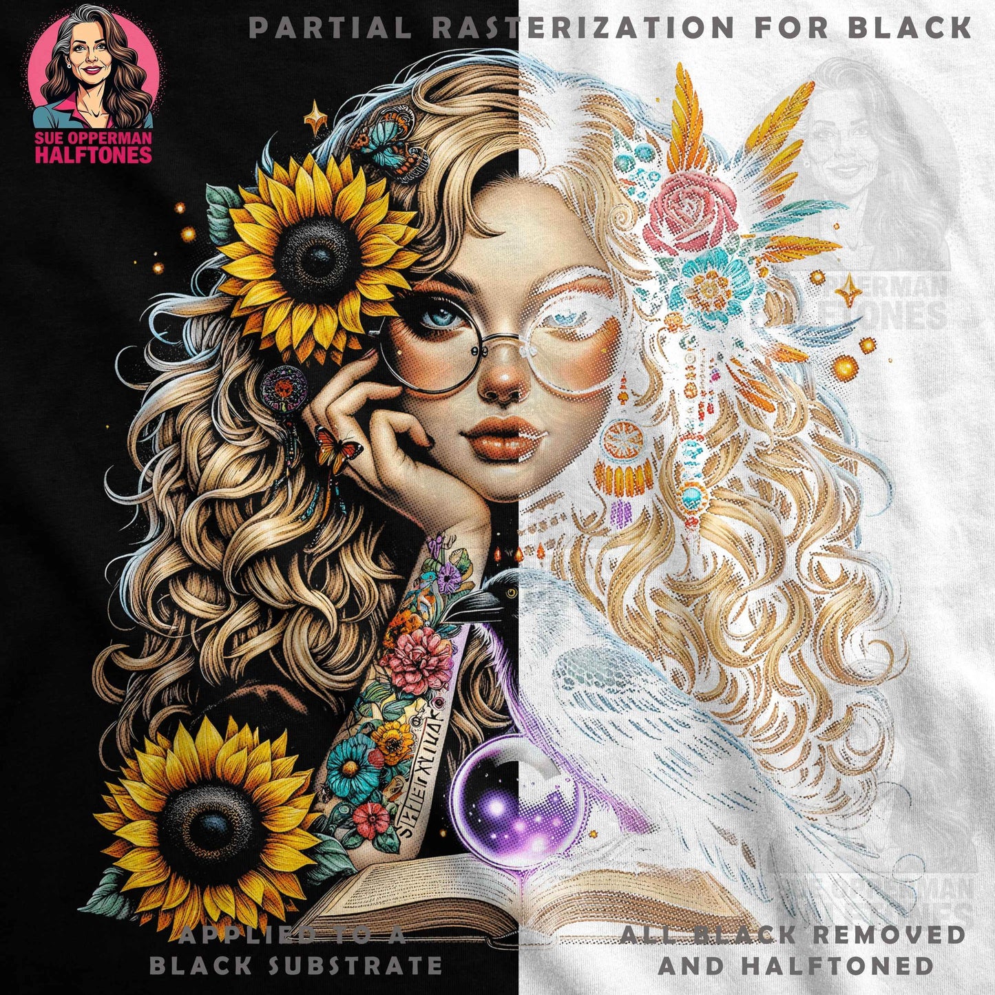 Boho Portrait with Raven Halftone T-Shirt Design - halftone PNG for T-shirts – Sue Opperman Halftones