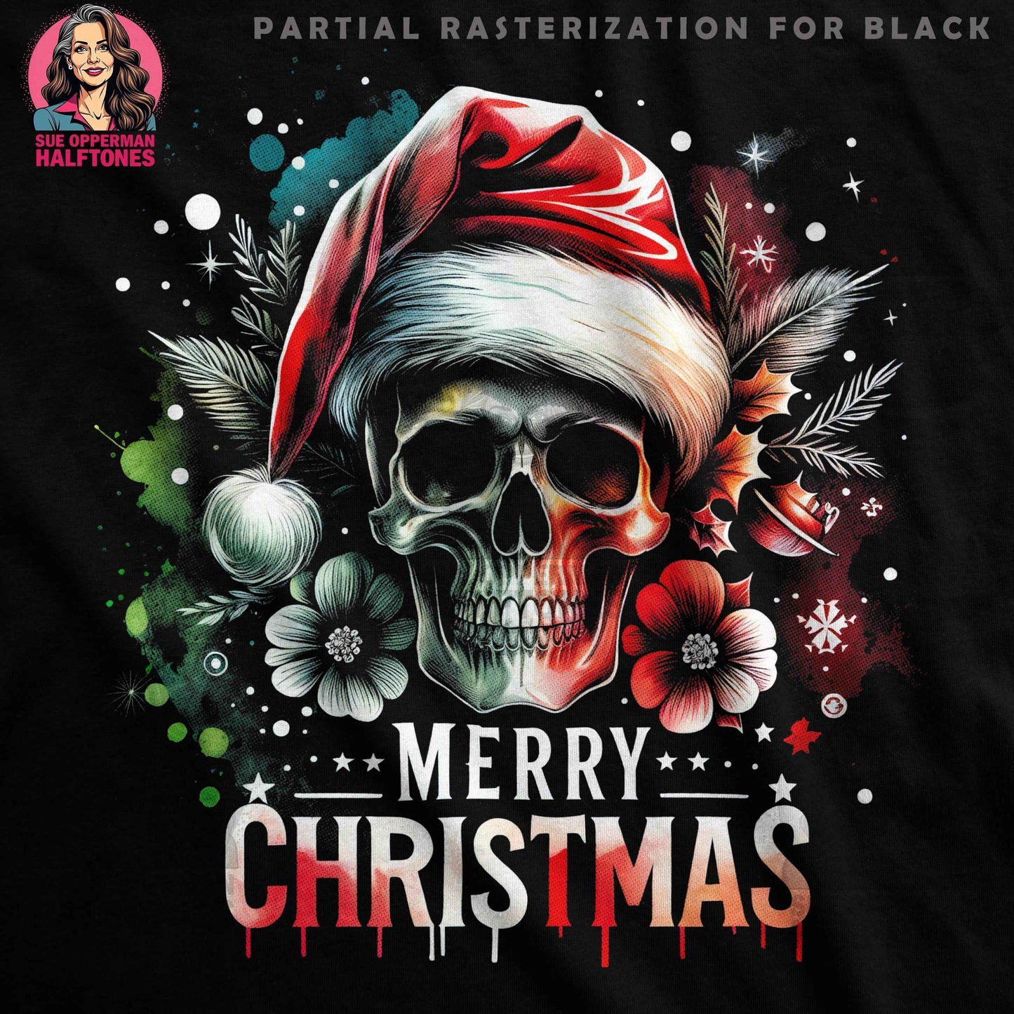 Christmas Skull with Santa Hat Digital Halftone T-Shirt Design - halftone PNG for T-shirts – Sue Opperman Halftones