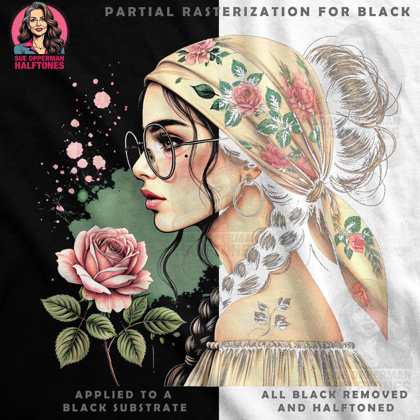 Glamour Woman With Rose Flower Halftone T-Shirt Design - halftone PNG for T-shirts – Sue Opperman Halftones