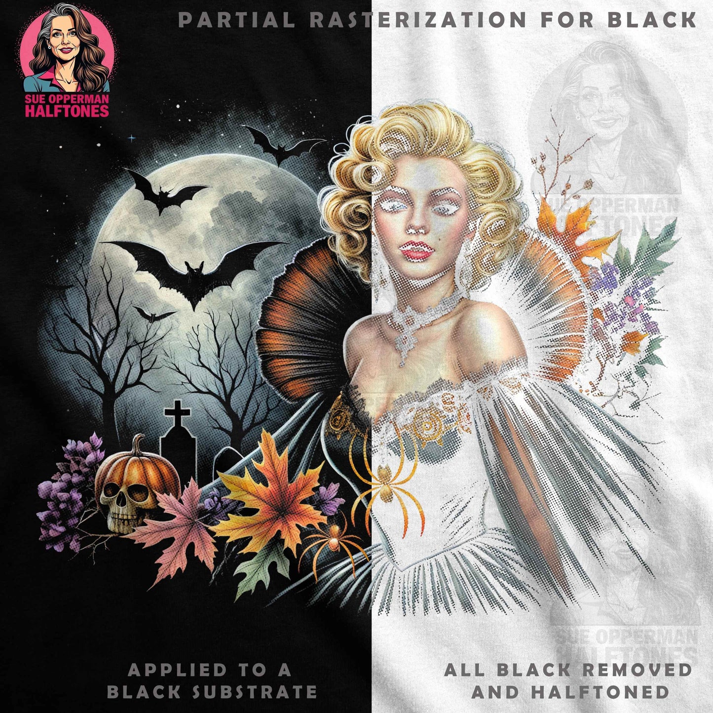 Glamour Halloween Portrait Digital Halftone T-Shirt Design - halftone PNG for T-shirts – Sue Opperman Halftones