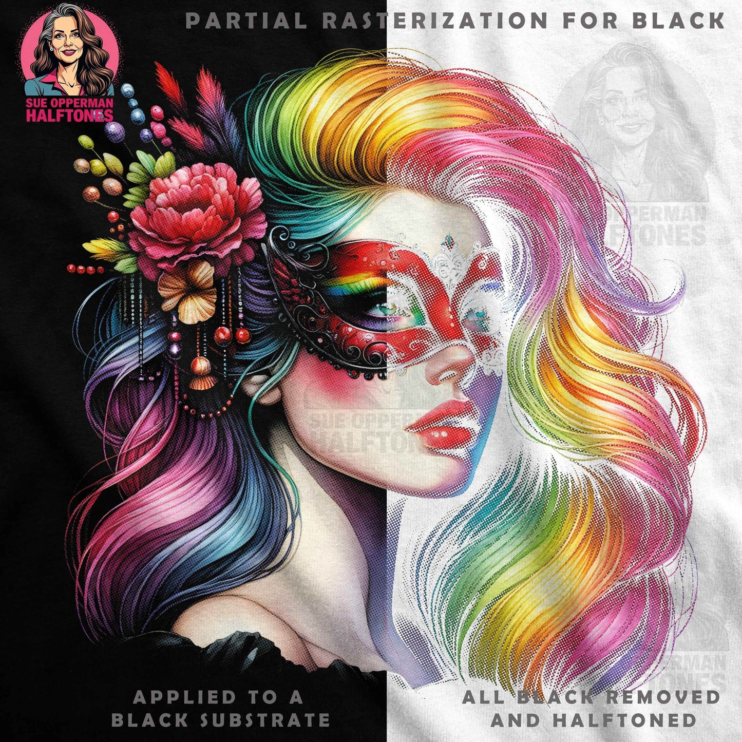 Glamour Rainbow Lady Portrait Halftoned T-Shirt Design - halftone PNG for T-shirts – Sue Opperman Halftones