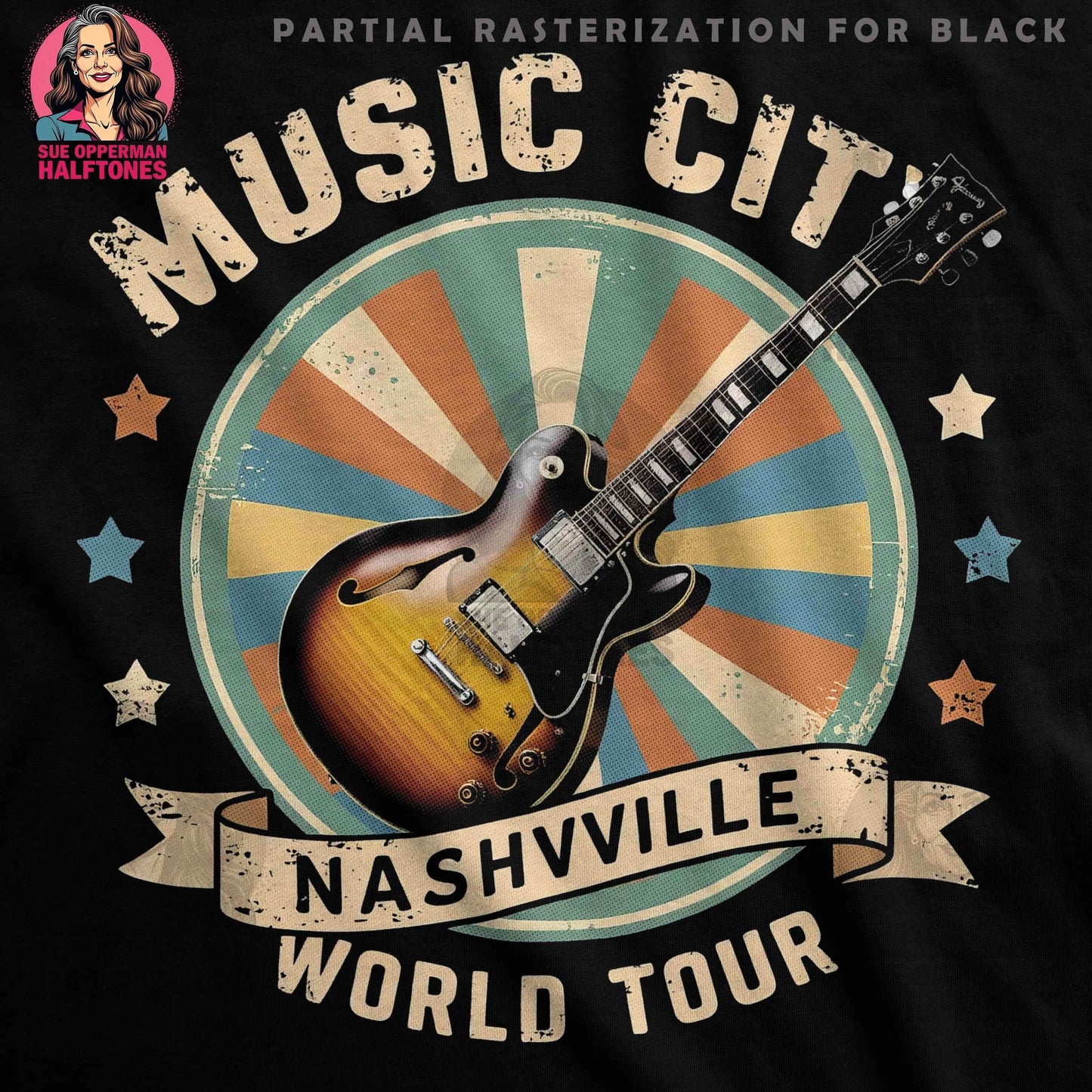 Music City Nashville Guitar Halftoned T-Shirt Design - halftone PNG for T-shirts – Sue Opperman Halftones