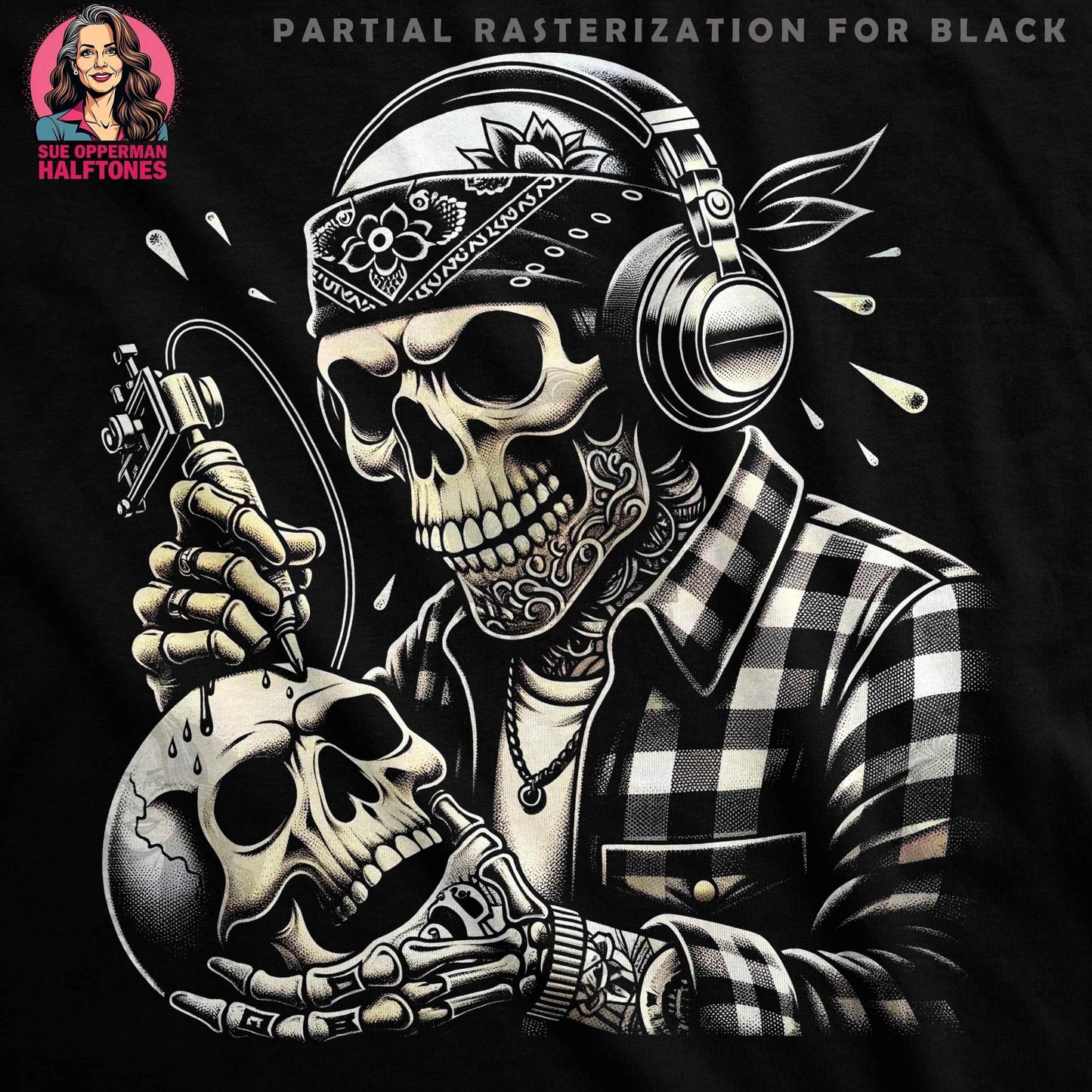 Gothic Tattoo Skull With Headphones Digital Halftone T-Shirt Design - halftone PNG for T-shirts – Sue Opperman Halftones