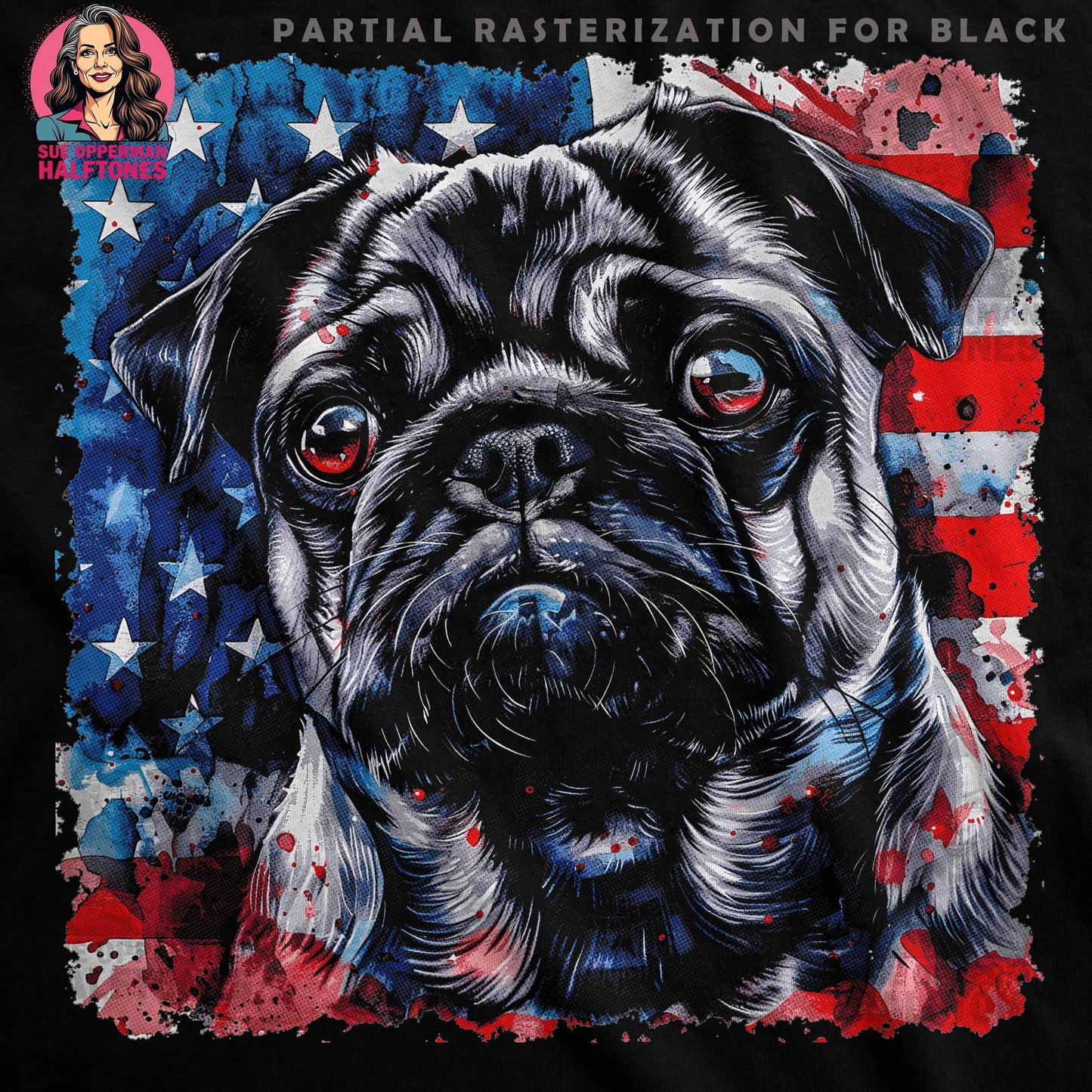 Patriotic Pug Dog with USA Flag Halftoned T-Shirt Design - halftone PNG for T-shirts – Sue Opperman Halftones