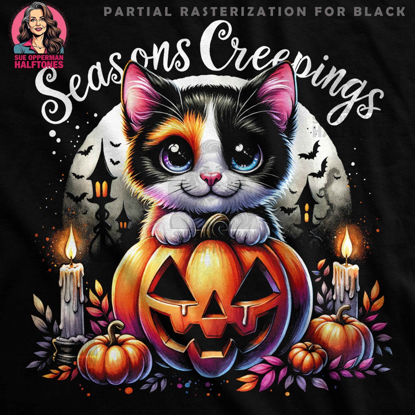 Spooky Kitten and Pumpkin Halloween Digital Halftoned T-Shirt Design - halftone PNG for T-shirts – Sue Opperman Halftones