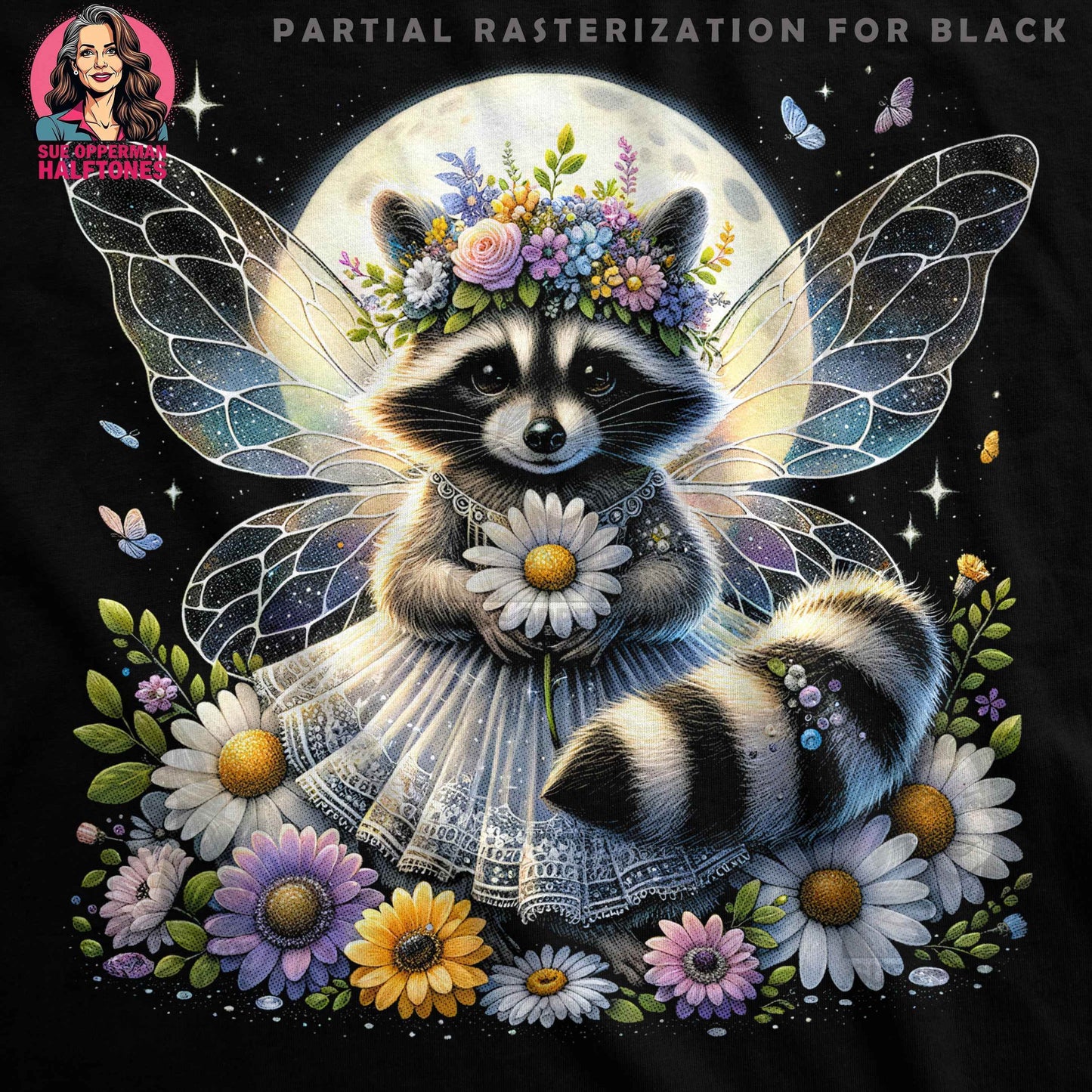 Whimsical Raccoon Fairy With Flowers Halftoned T-Shirt Design - halftone PNG for T-shirts – Sue Opperman Halftones
