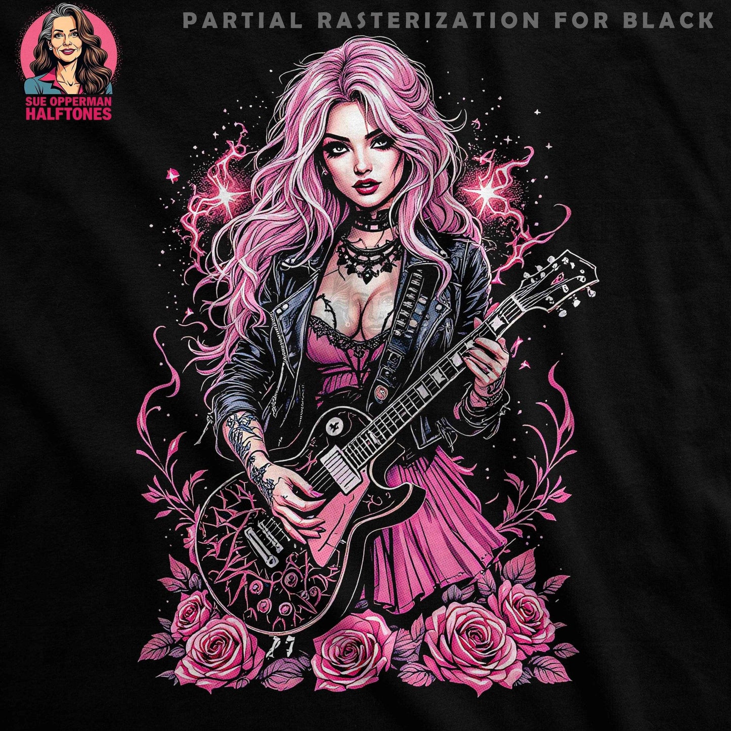 Rocker Girl with Roses Halftone T-Shirt Design Digital - halftone PNG for T-shirts – Sue Opperman Halftones
