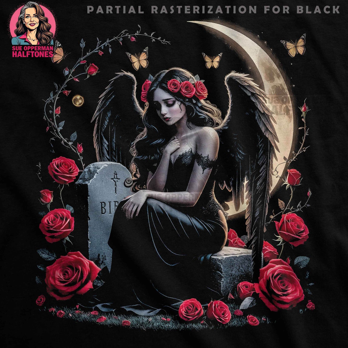 Gothic Angel Roses Butterflies Halftone T-Shirt Design - halftone PNG for T-shirts – Sue Opperman Halftones