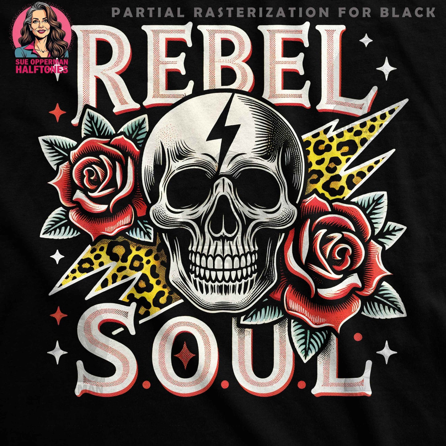 Rebel Soul Skull Roses Leopard Digital Halftone T-Shirt Design - halftone PNG for T-shirts – Sue Opperman Halftones