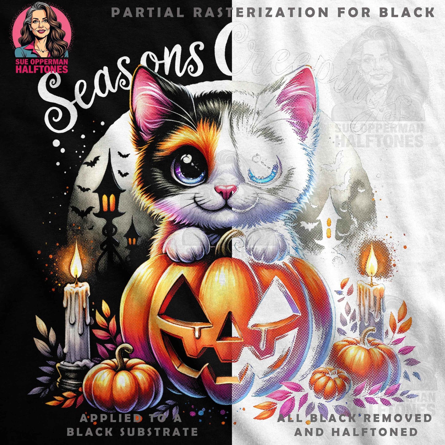 Spooky Kitten and Pumpkin Halloween Digital Halftoned T-Shirt Design - halftone PNG for T-shirts – Sue Opperman Halftones