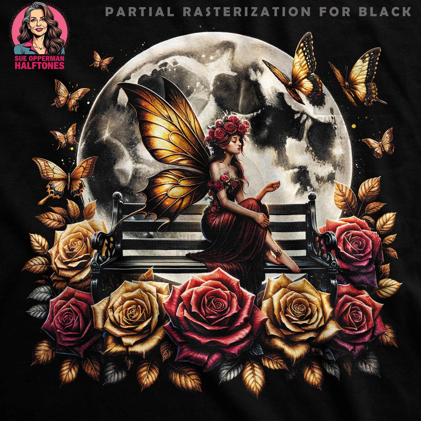 Fantasy Fairy Roses Butterflies Halftoned T-Shirt Design - halftone PNG for T-shirts – Sue Opperman Halftones
