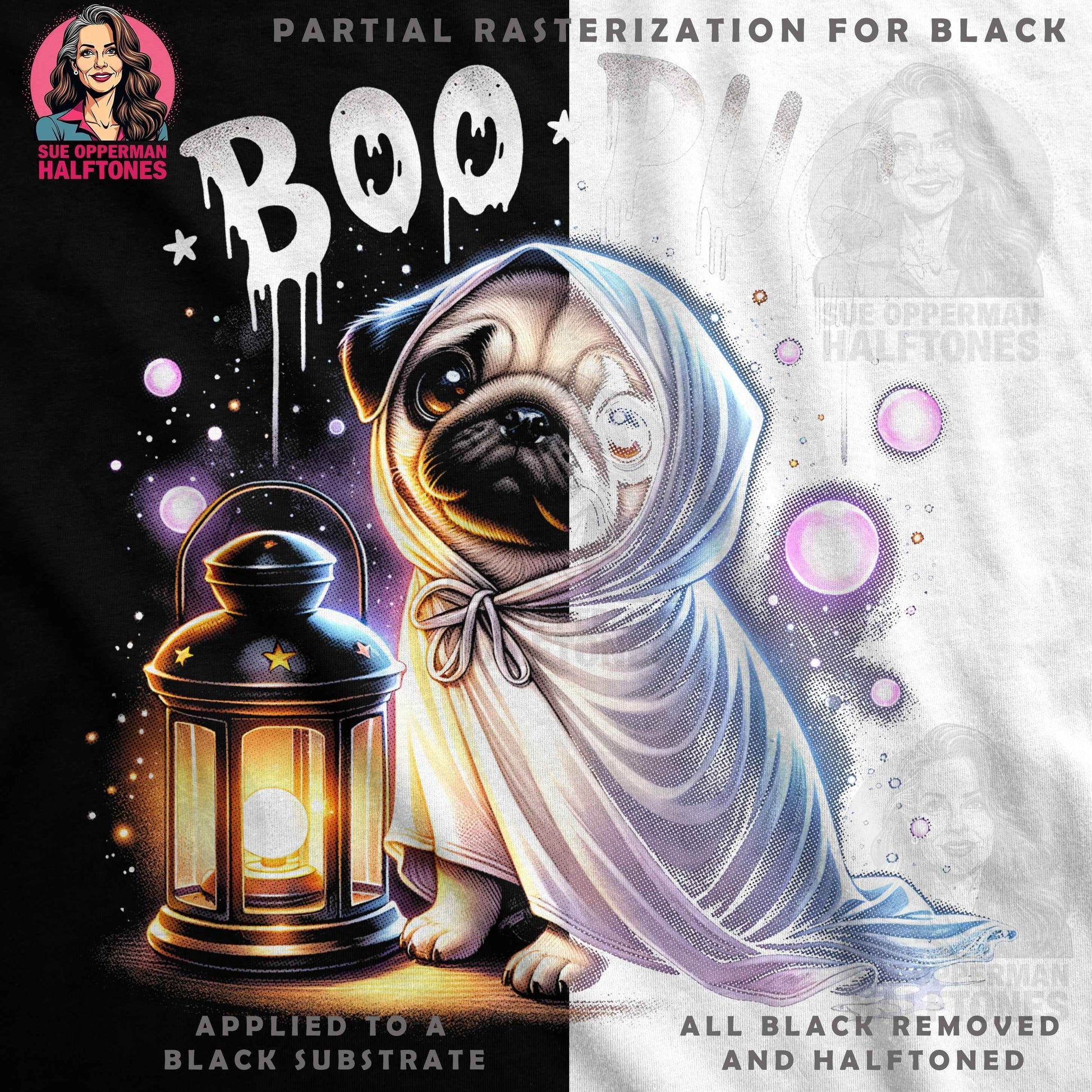 Halloween Boo Pug Ghostly Halftone T-Shirt Design - halftone PNG for T-shirts – Sue Opperman Halftones