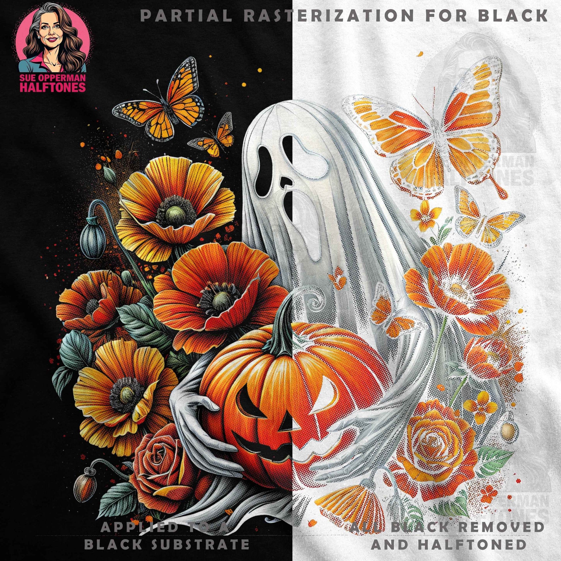 Floral Ghost and Pumpkin Halftone T-Shirt Design Digital - halftone PNG for T-shirts – Sue Opperman Halftones