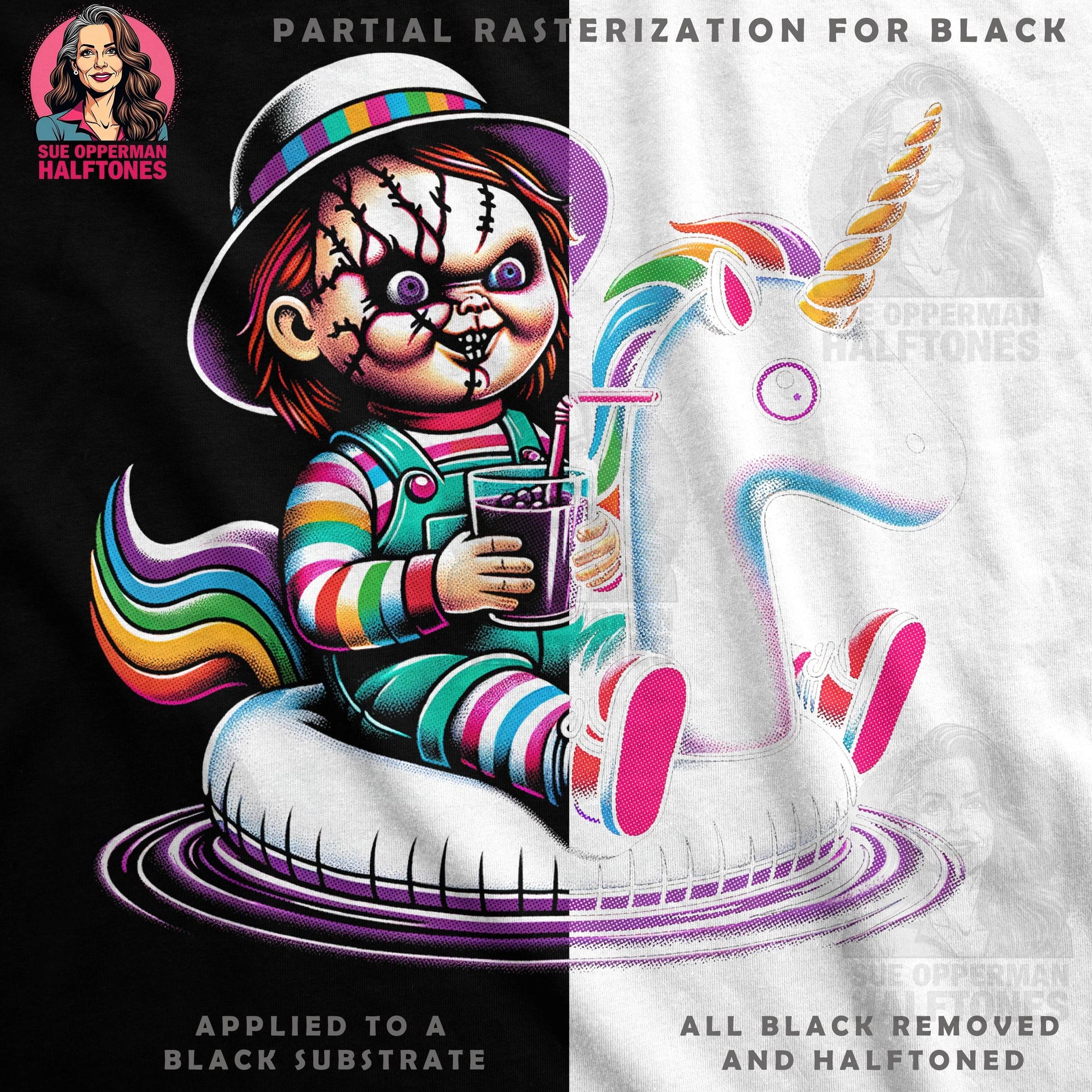 Chucky on Unicorn Halftone T-Shirt Design - halftone PNG for T-shirts – Sue Opperman Halftones