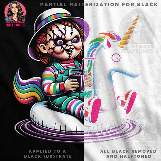 Chucky on Unicorn Halftone T-Shirt Design - halftone PNG for T-shirts – Sue Opperman Halftones
