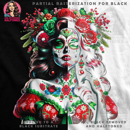 Christmas Sugar Skull Lady Halftoned T-Shirt Design - halftone PNG for T-shirts – Sue Opperman Halftones