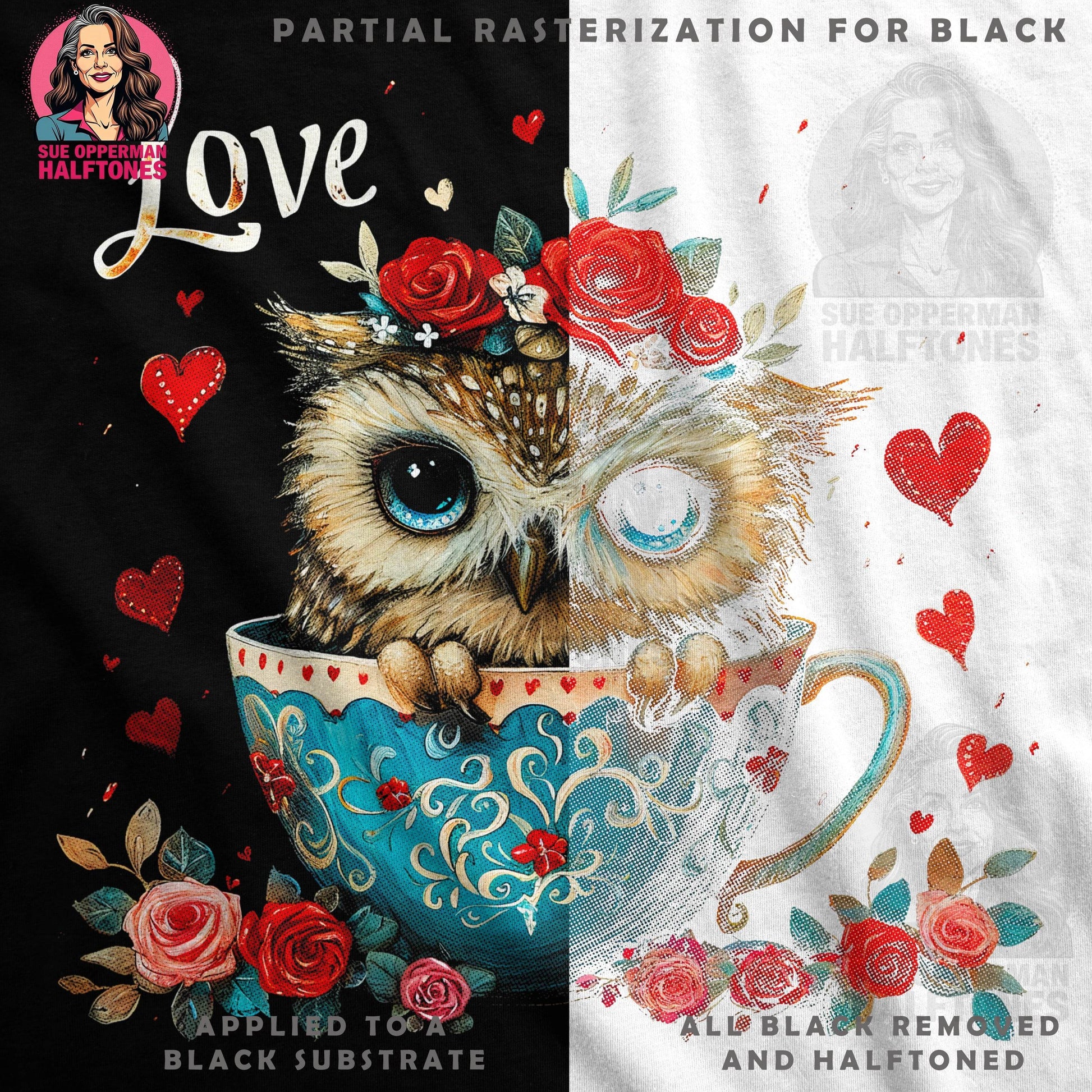 Floral Owl Inside Tea Cup Halftone T-Shirt Design - halftone PNG for T-shirts – Sue Opperman Halftones