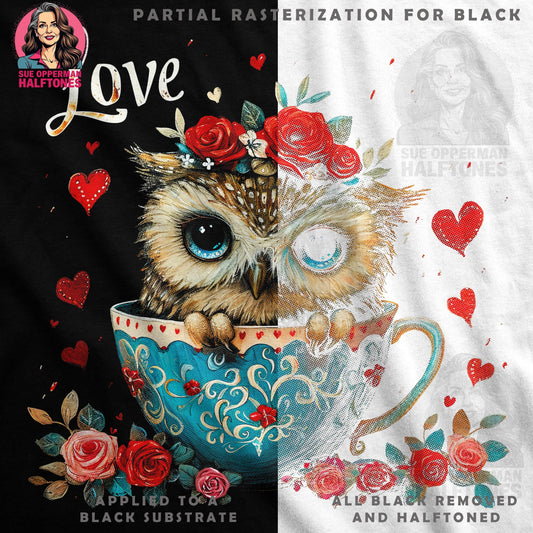 Floral Owl Inside Tea Cup Halftone T-Shirt Design - halftone PNG for T-shirts – Sue Opperman Halftones