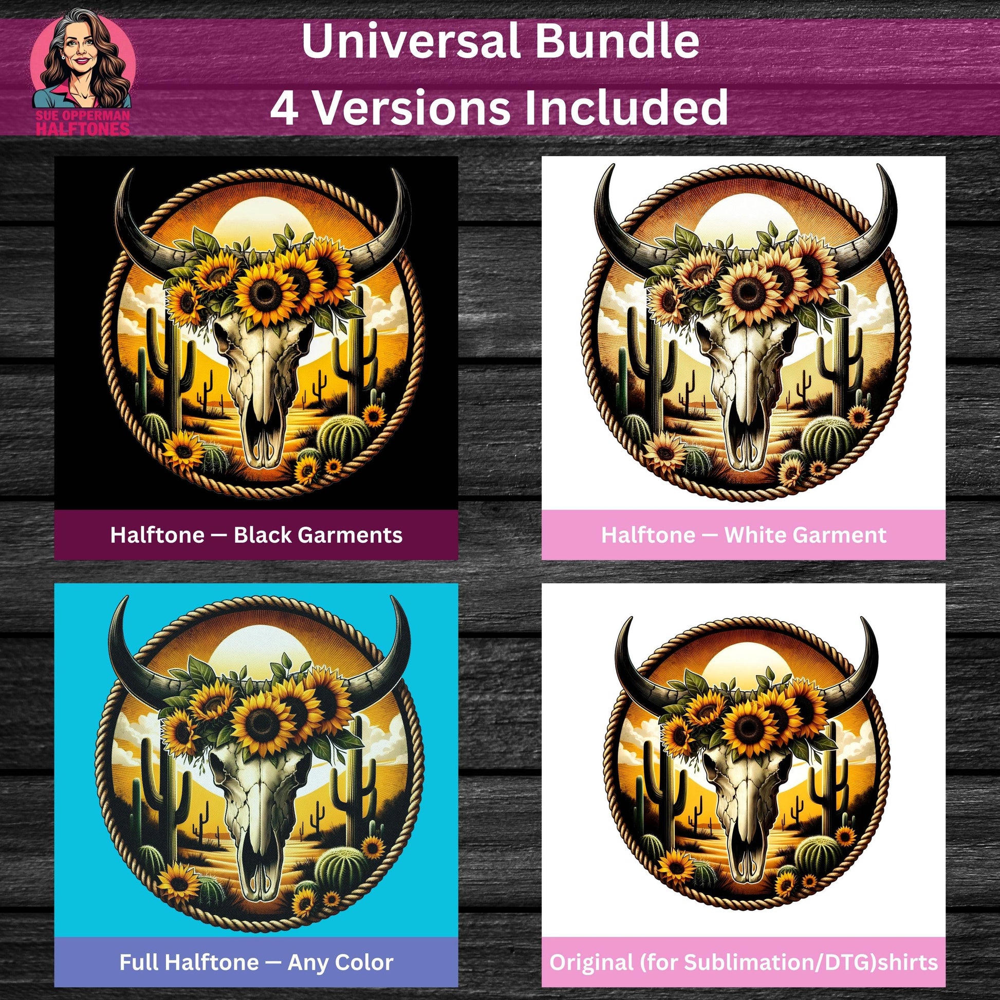 Bull Skull And Sunflowers Art Illustration Universal Print Bundle - halftone PNG for T-shirts – Sue Opperman Halftones