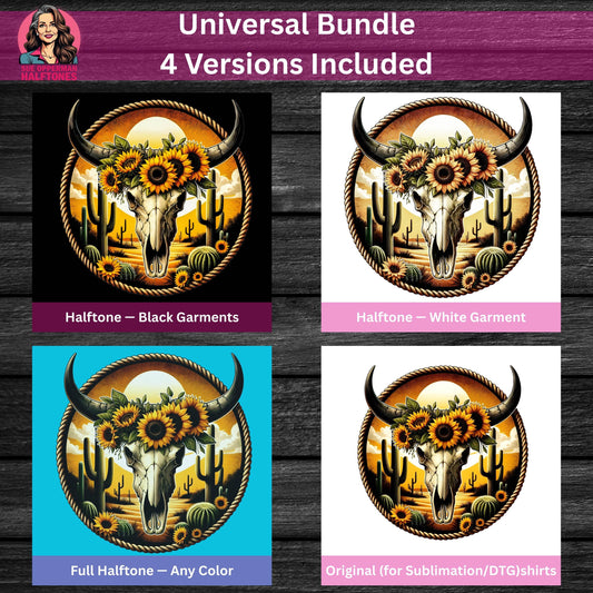 Bull Skull And Sunflowers Art Illustration Universal Print Bundle - halftone PNG for T-shirts – Sue Opperman Halftones