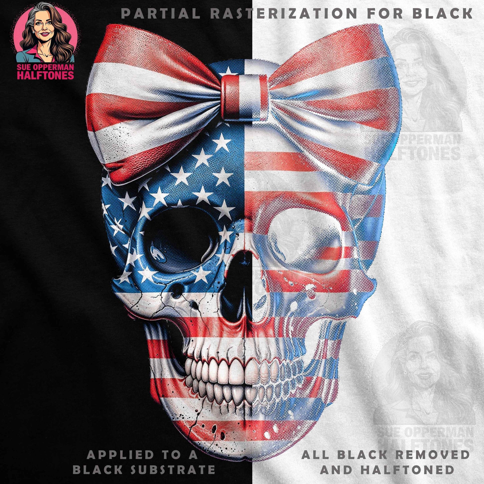 Patriotic Skull with Bow Halftoned T-Shirt Design - halftone PNG for T-shirts – Sue Opperman Halftones