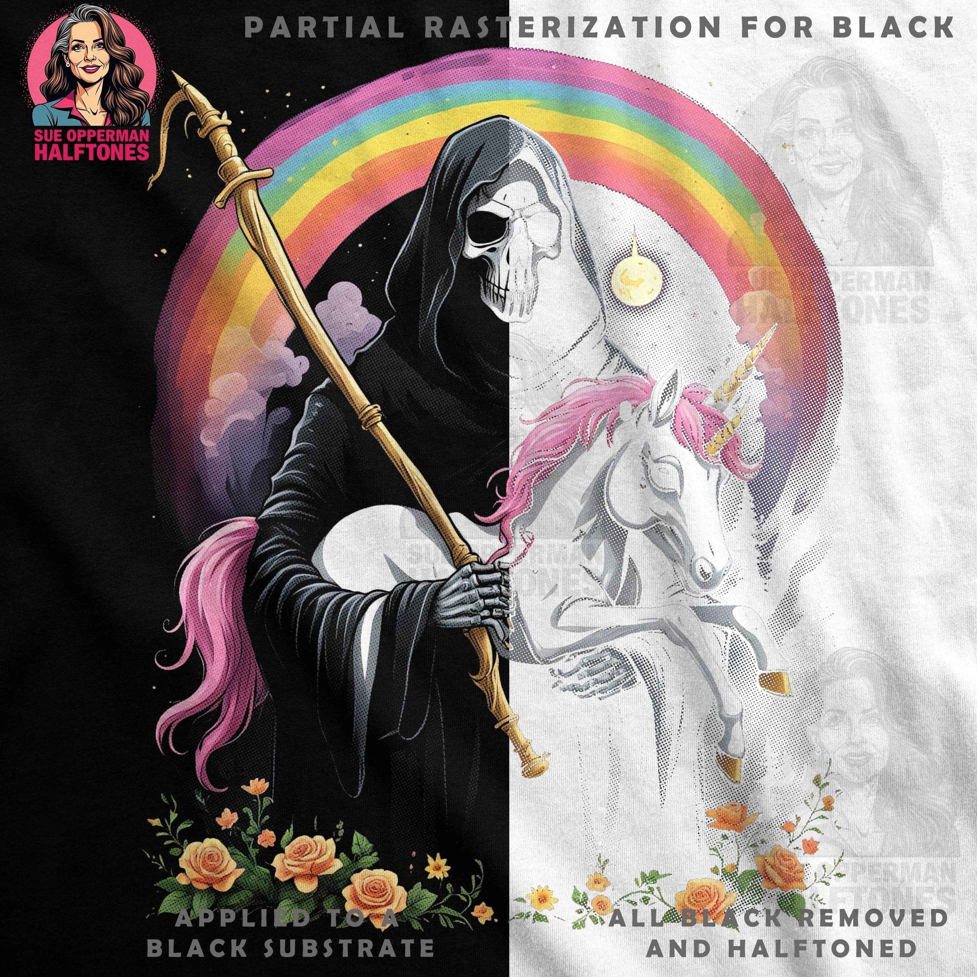 Grim Reaper Unicorn Rainbow Halftone T-Shirt Design Digital - halftone PNG for T-shirts – Sue Opperman Halftones
