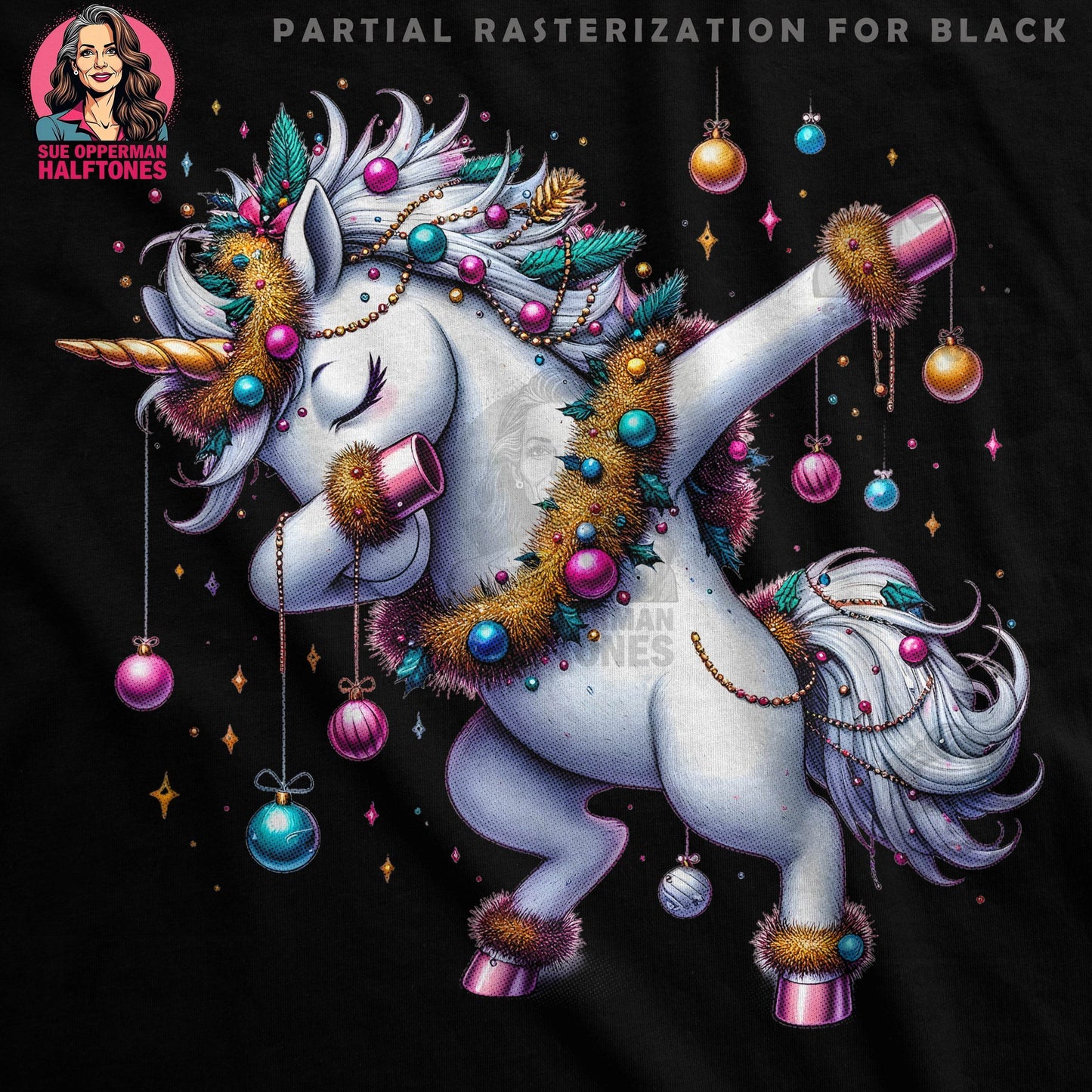 Christmas Unicorn Celebration Halftoned T-Shirt Design - halftone PNG for T-shirts – Sue Opperman Halftones