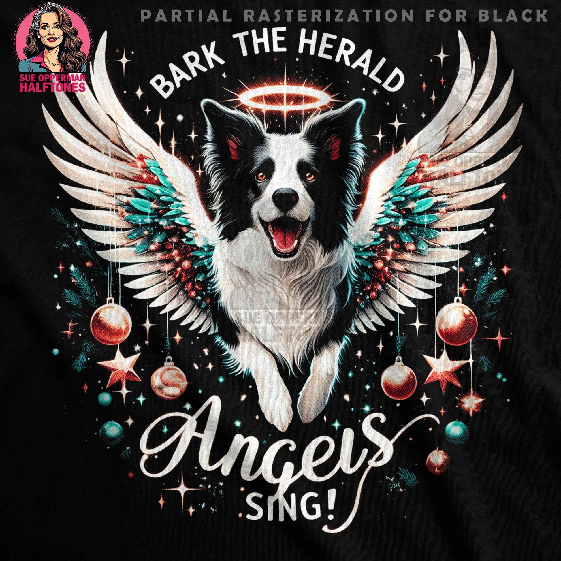 Christmas Dog Angel Bark The Herald Angels Sing Halftone T-Shirt Design - halftone PNG for T-shirts – Sue Opperman Halftones