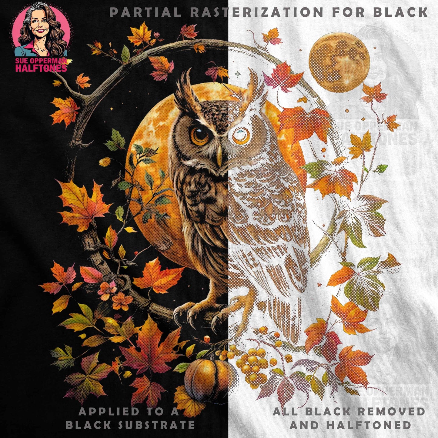 Autumn Owl Under Moon Digital Halftoned T-Shirt Design - halftone PNG for T-shirts – Sue Opperman Halftones