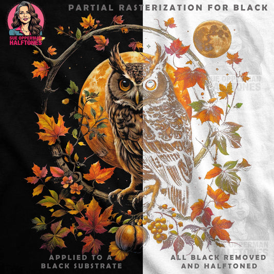 Autumn Owl Under Moon Digital Halftoned T-Shirt Design - halftone PNG for T-shirts – Sue Opperman Halftones