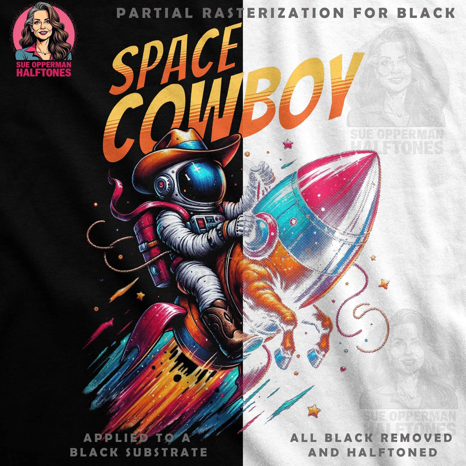Space Cowboy on Rocket Halftoned T-Shirt Design - halftone PNG for T-shirts – Sue Opperman Halftones