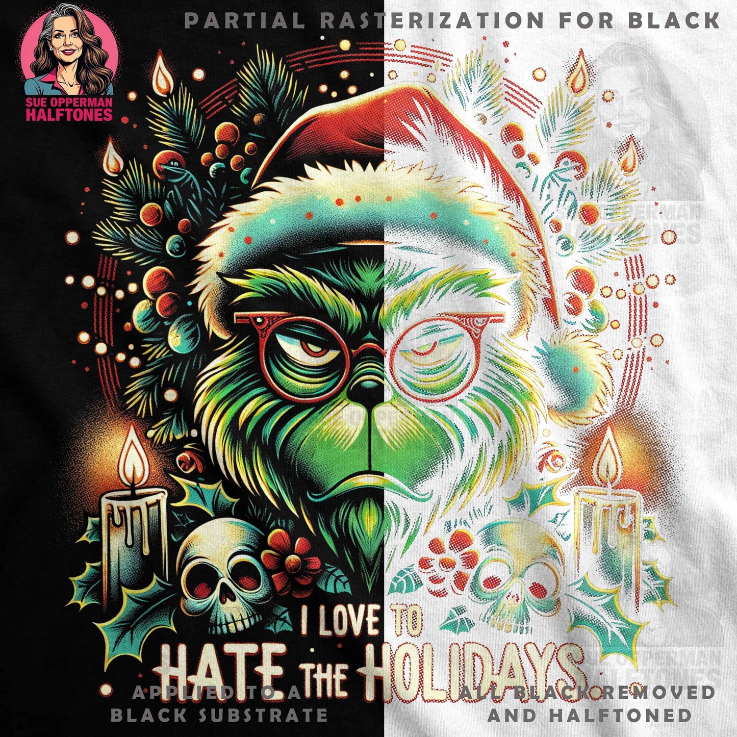 Christmas Grinch Holidays I Love To Hate Digital Halftoned T-Shirt Design - halftone PNG for T-shirts – Sue Opperman Halftones