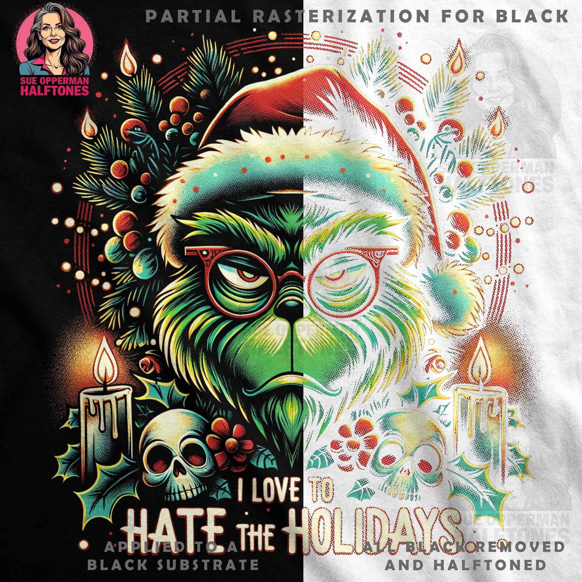 Christmas Grinch Holidays I Love To Hate Digital Halftoned T-Shirt Design - halftone PNG for T-shirts – Sue Opperman Halftones