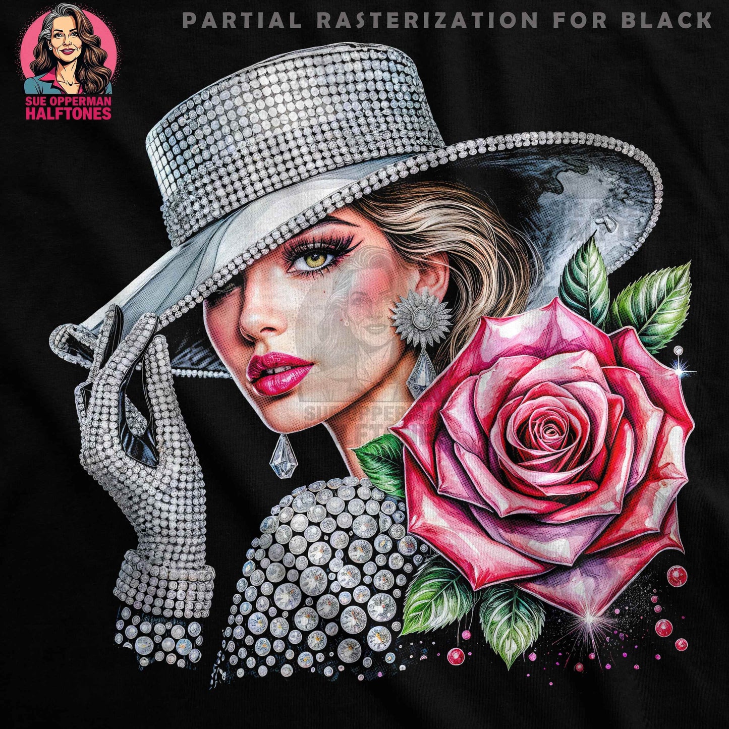 Glamorous Woman With Rose Halftone T-Shirt Digital - halftone PNG for T-shirts – Sue Opperman Halftones